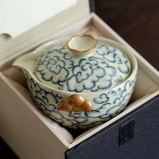汝窑茶壶单个盖碗功夫茶具小号泡茶器青花开片可养陶瓷家用手抓壶