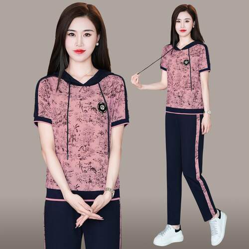 动服套女装夏季77515195短袖洋气夏季休新款品运牌连帽卫衣薄闲两