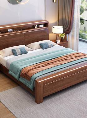 中式金胡桃木色用实木床HMJ-002主卧榫卯1.8x2米单双物人床家储丝