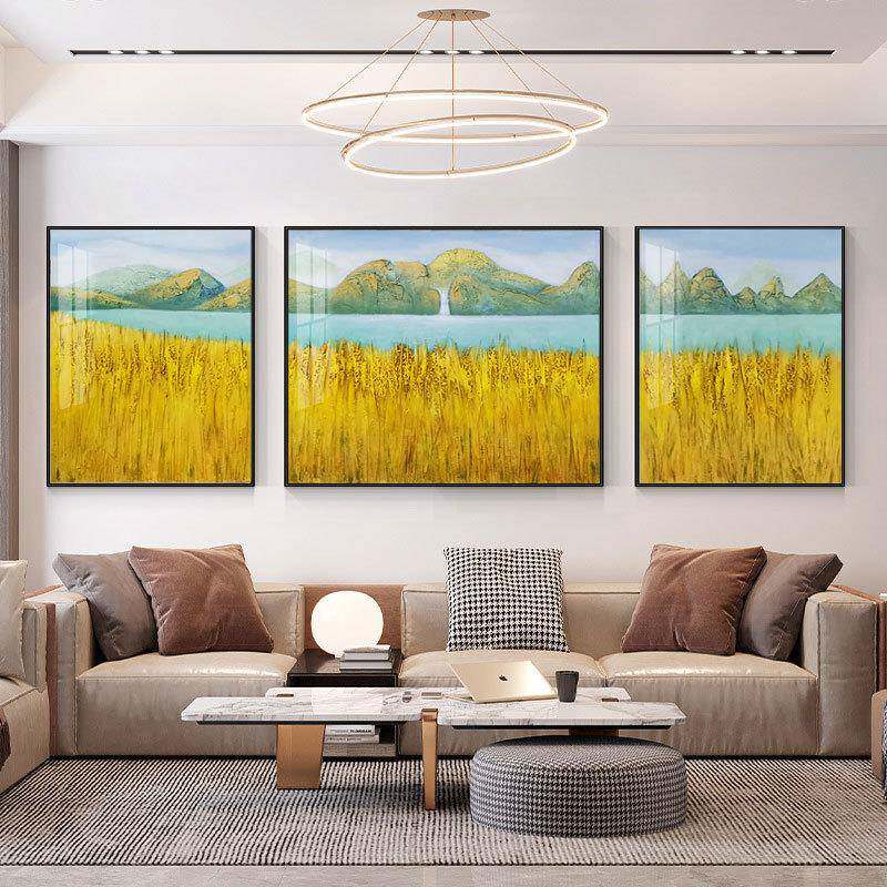 纯手绘海岸黄金麦装饰画沙发墙挂画现代三联立体肌理风景油画背景