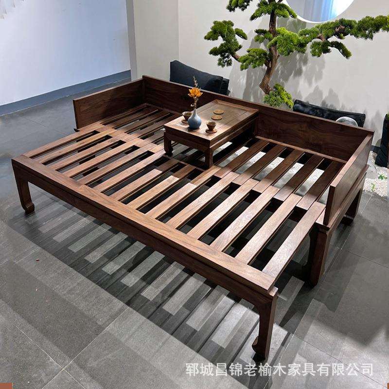 实木沙发客厅抽拉式罗汉床待客茶几可移动老榆木推拉伸缩床大沙发