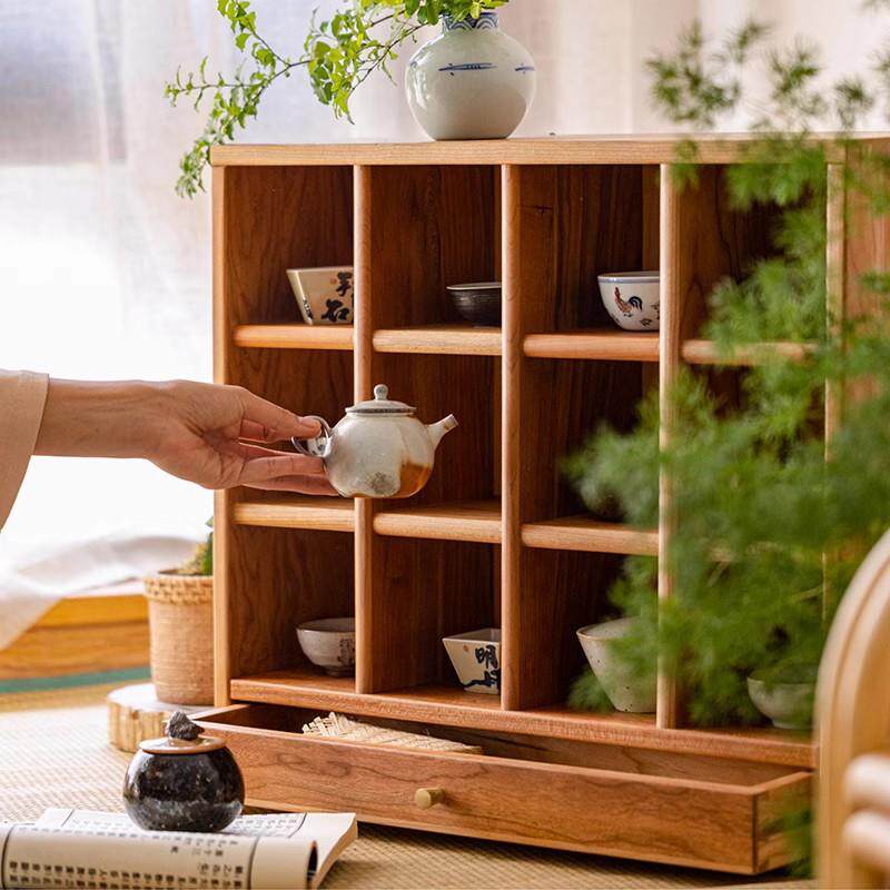 樱桃木茶具实收纳木杯架日式茶架格子多宝格阁展示柜桌面收纳置物