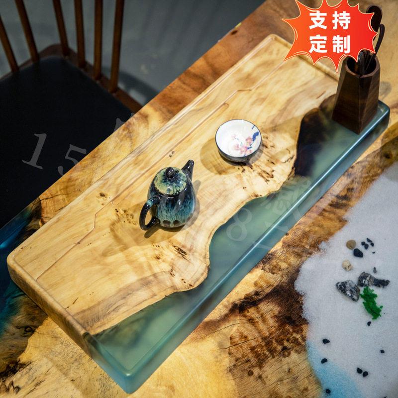 跨境环氧树脂茶盘实木轻奢家用整块托盘公室白杨木茶道海沥水盘