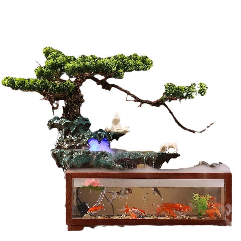中式水景观循环流水加湿器桌面鱼缸办公室内客厅创意摆件开业礼品