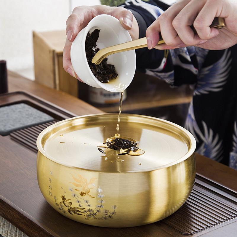 圣瑶纯铜大洗茶笔洗功夫茶具雕花水碗内置有盖水茶渣缸超大茶杯洗
