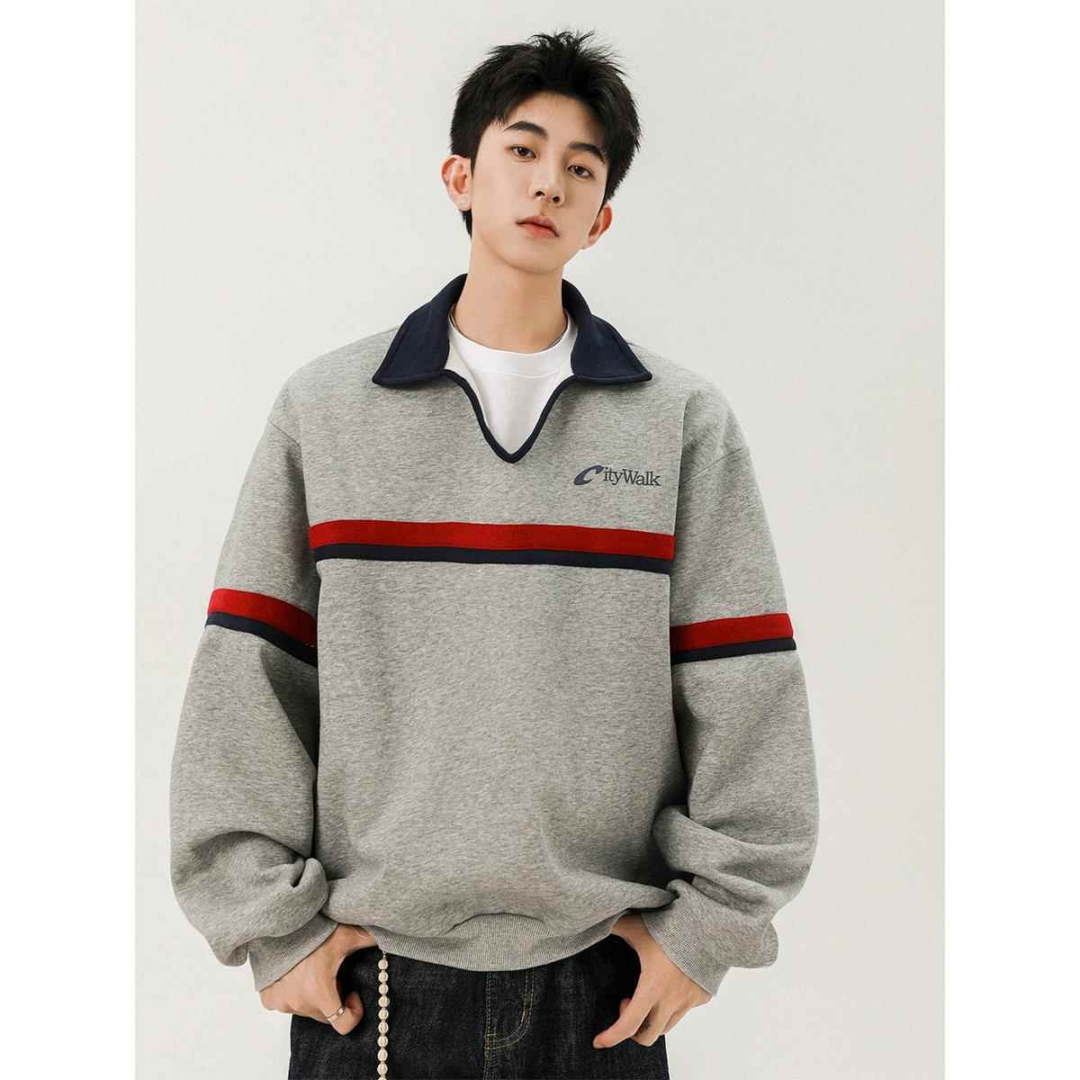 it neith BIAS潮牌美式条纹撞色运动风卫衣男百搭痞帅polo领上衣