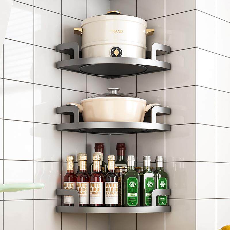 枪灰厨房置物架转角锅架免打孔壁挂式锅具收纳家用调料架挂架子