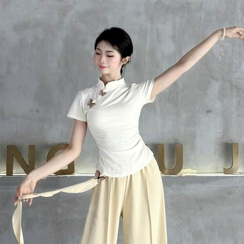 古典舞新中式珍珠蝴蝶立领短袖T恤女夏天修身显瘦现代中国舞上衣
