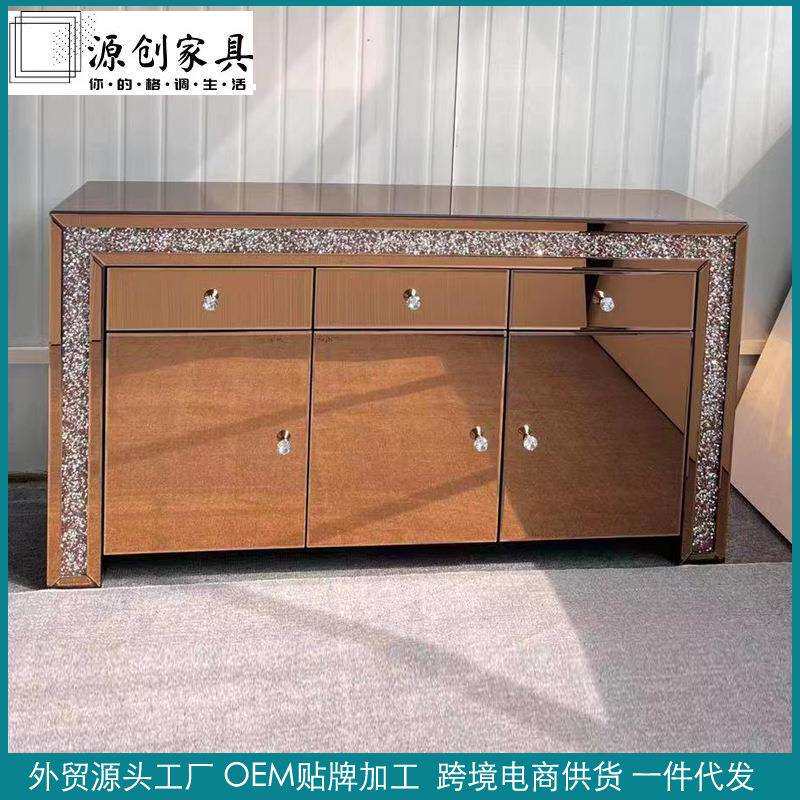 镜面餐边柜玻璃橱柜储物柜轻奢斜边柜客厅家具多门抽屉柜外贸直销