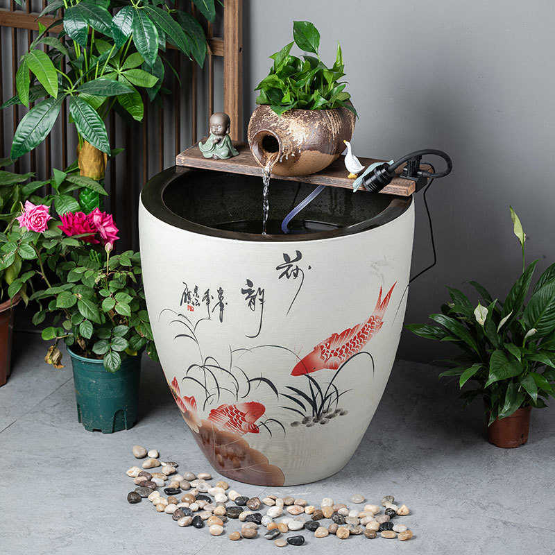 造景加高金鱼缸款阳台h大缸循环老式陶瓷陶罐鱼缸水客厅古法流水