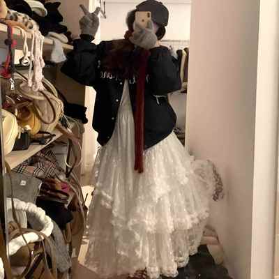 大码白色重工蕾丝拼接不规则网纱半身裙女秋冬款高级感蛋糕裙长裙