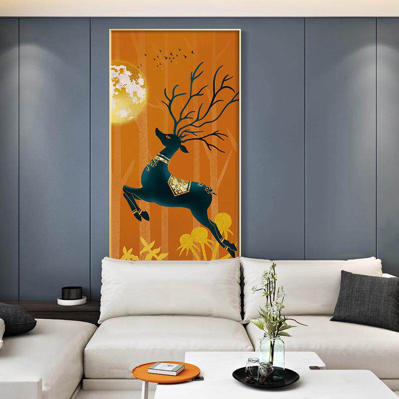 金鹿望月 现代轻奢风格玄关装饰画橙黄色小鹿壁画客厅走廊挂画