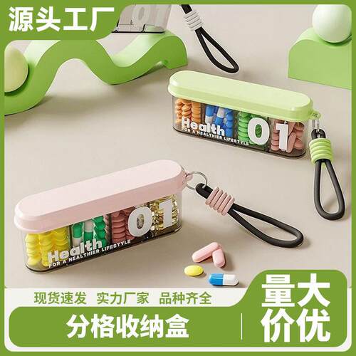 A portable weekly pill organizer with seven compartments for