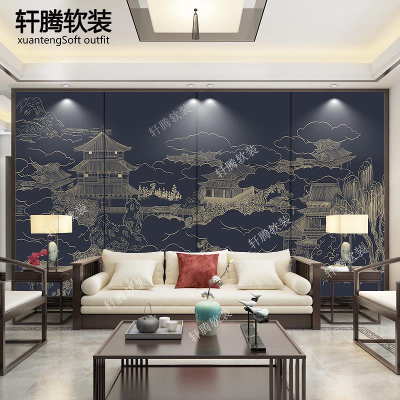 现代新中式宫廷阁楼山水画刺绣背景墙硬包客厅沙发电视背景墙装饰图片