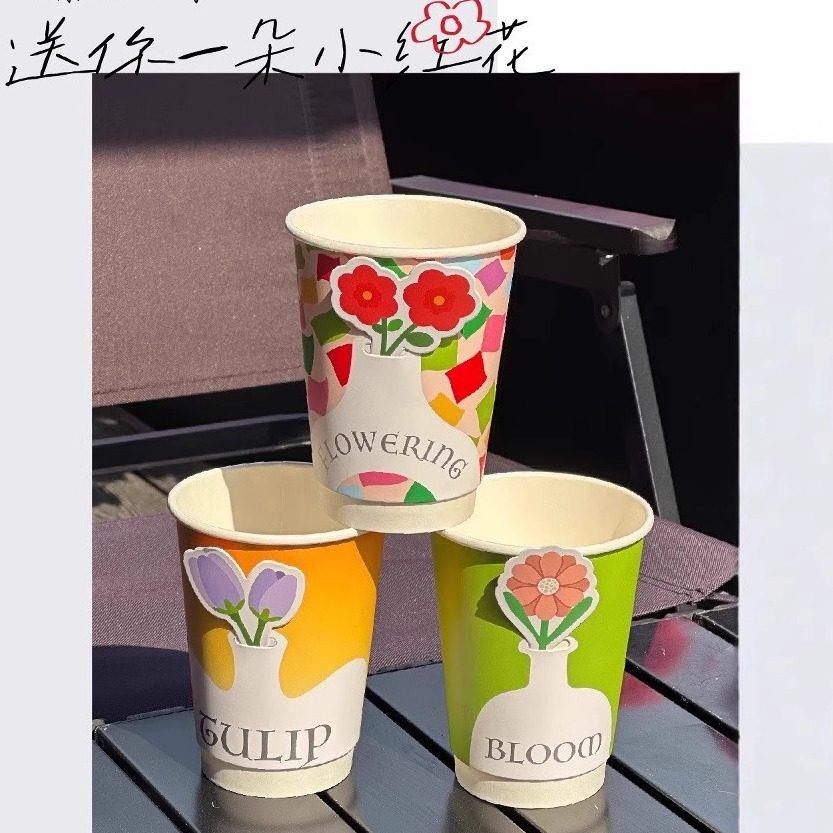 春日限定款创意立体小红花插卡灯牌环保纸杯奶茶咖啡外送打包防烫