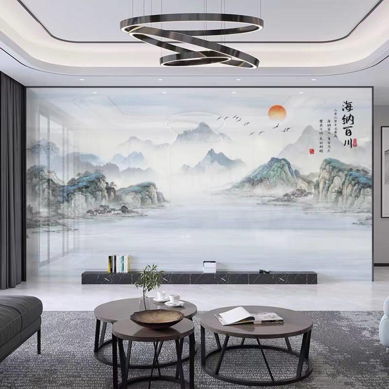 竹木纤维电视背景墙新中式山水画客厅高光碳晶板集成墙面护墙扣板