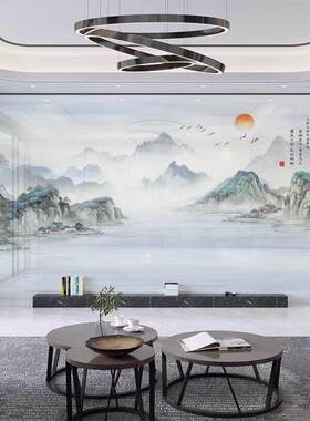 竹木纤维电视背景墙新中式山水画客厅高光碳晶板集成墙面护墙扣板