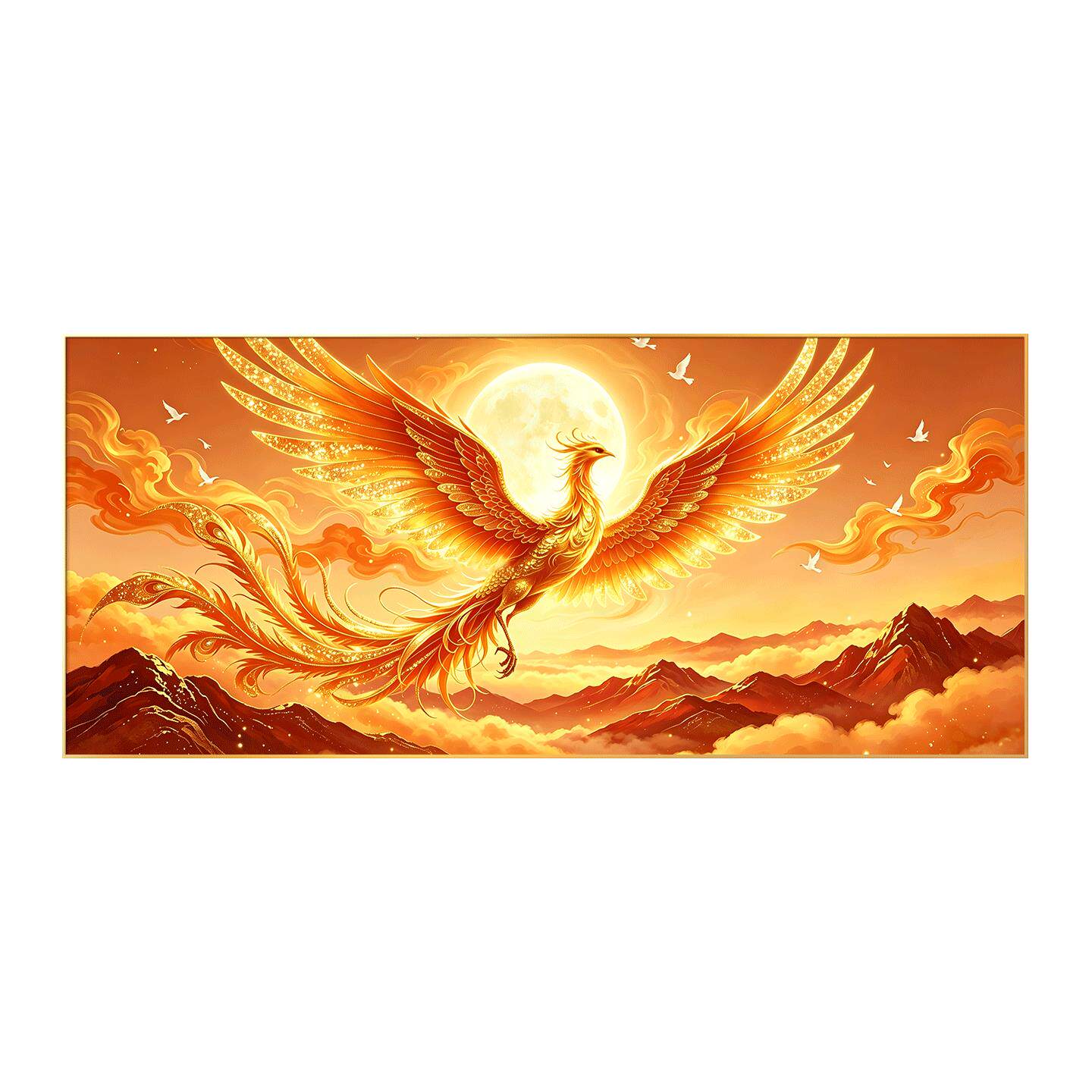 轻奢鎏金凤凰客厅装饰画LED带灯横幅挂画沙发背景墙晶瓷镶钻壁画