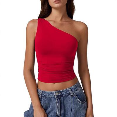 Solid Ruched Asymmetrical Neck Tank Top Casual Sleeveless