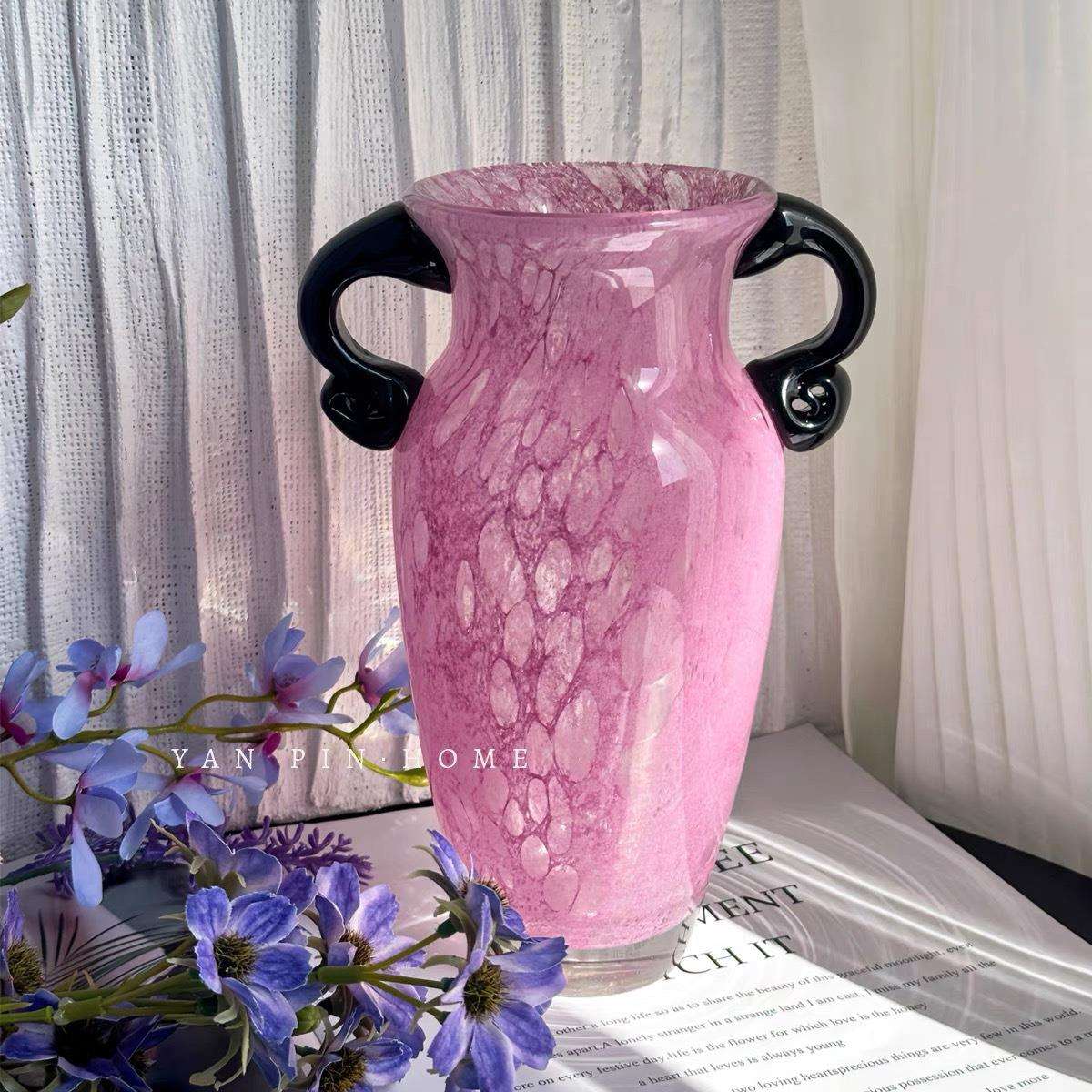 中古轻奢琉璃花瓶双耳客厅插花摆件水培鲜花装饰玻璃装饰花器