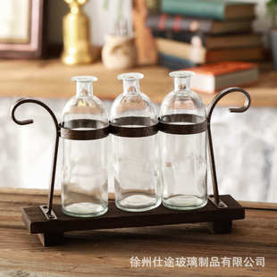摆件花瓶水培收口办公容器美式装饰品铁架玻璃创意插花室内桌面中