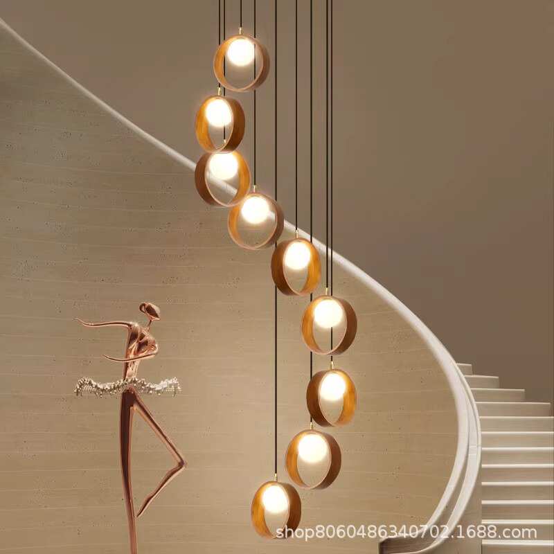 美式复古别墅loft复式大厅挑空旋转实木灯法式中古风楼梯长吊灯具