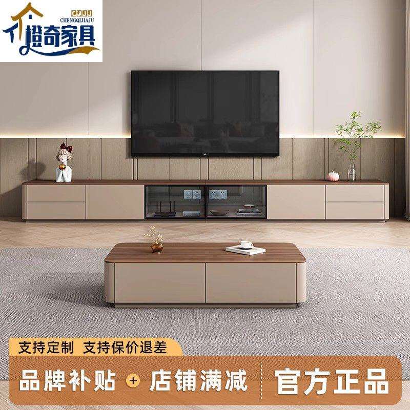 实木电视柜茶几组合新款中古落地柜小户型黑色现代简约圆角玻璃柜