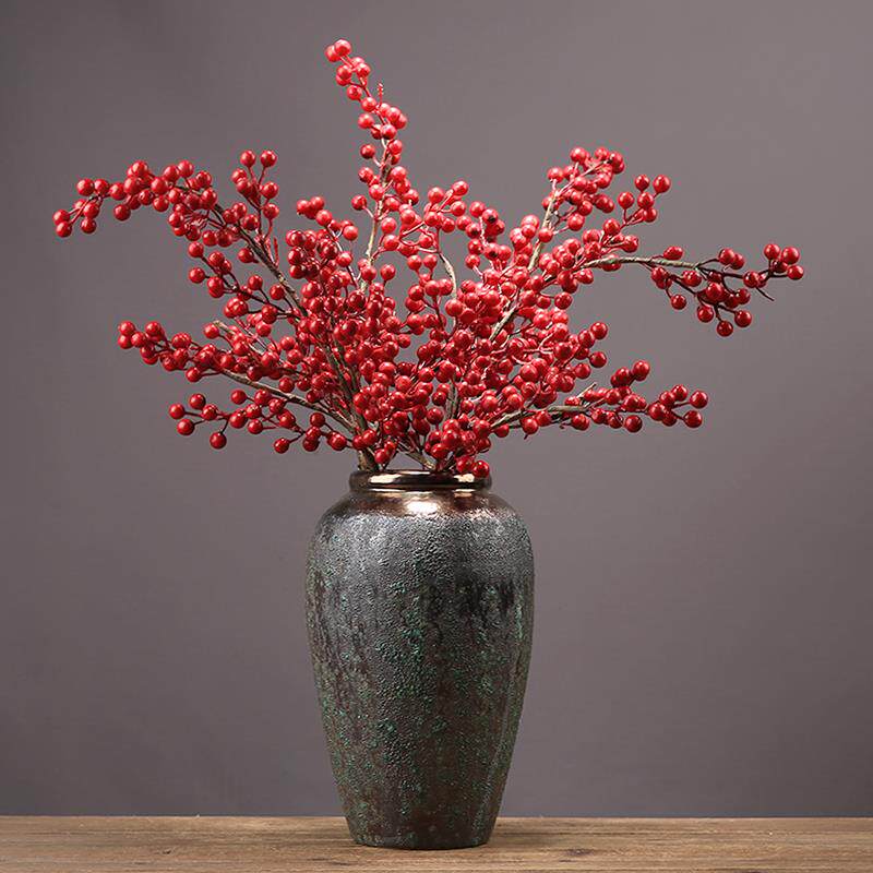 高档新中桌陶瓷瓶冬青果客厅面样板间玄关餐式桌酒柜红果喜庆花摆