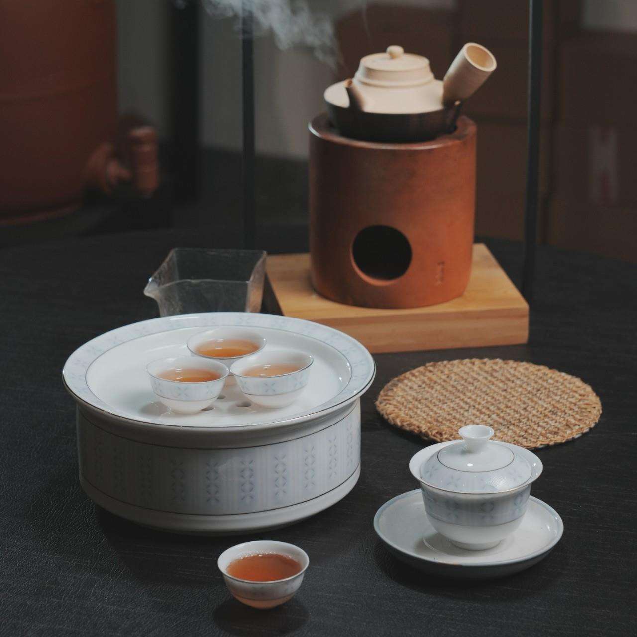 80年代老潮汕枫溪麦穗花工夫陶瓷茶具高温釉下彩复古套装茶盘盖碗
