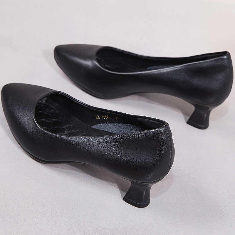 春秋通勤职业高跟鞋女黑色单鞋中粗跟皮鞋尖头工作鞋正装空乘女鞋