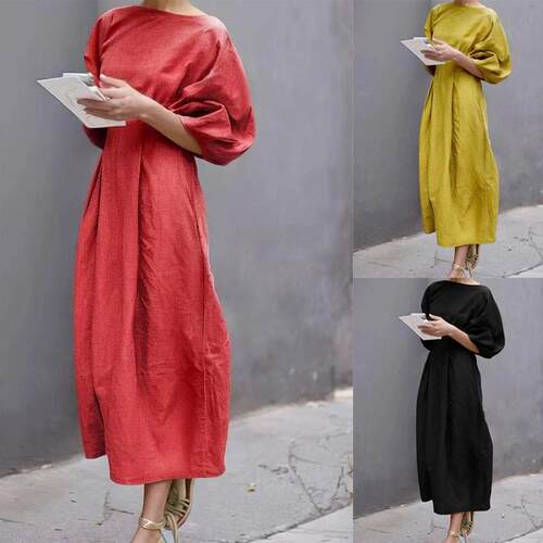 Women's Half Sleeve Loose Long Skirt in Solid Color Round