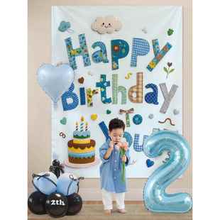 男孩女童2岁生日布置场景装饰派对背景墙画布气球氛围感拍照道具