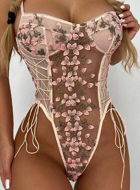 Sexy Underwear Floral Embroidery Lace Bodysuit Sleeveless