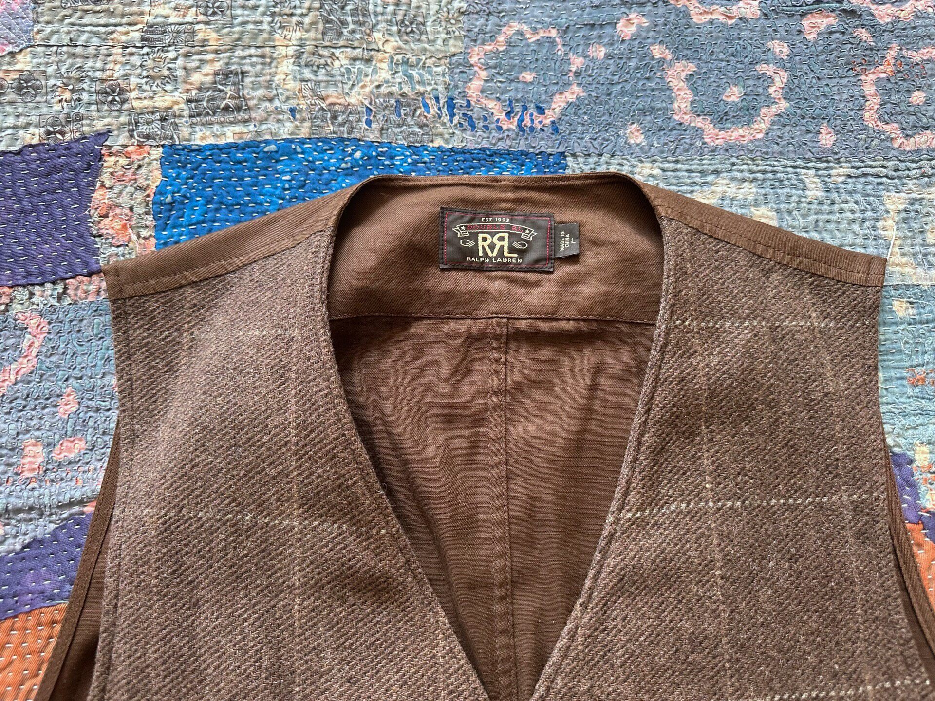 RRL Brown Checkered Vest — detail
