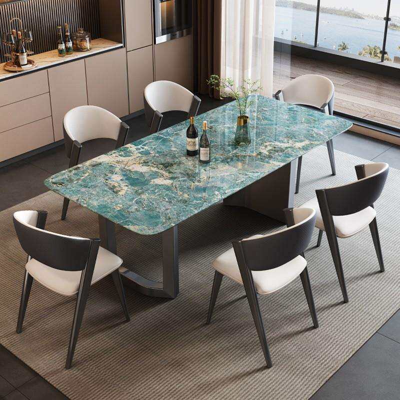 天然黑玫瑰奢石餐桌高端意式轻奢家用长方形大理石餐桌椅组合