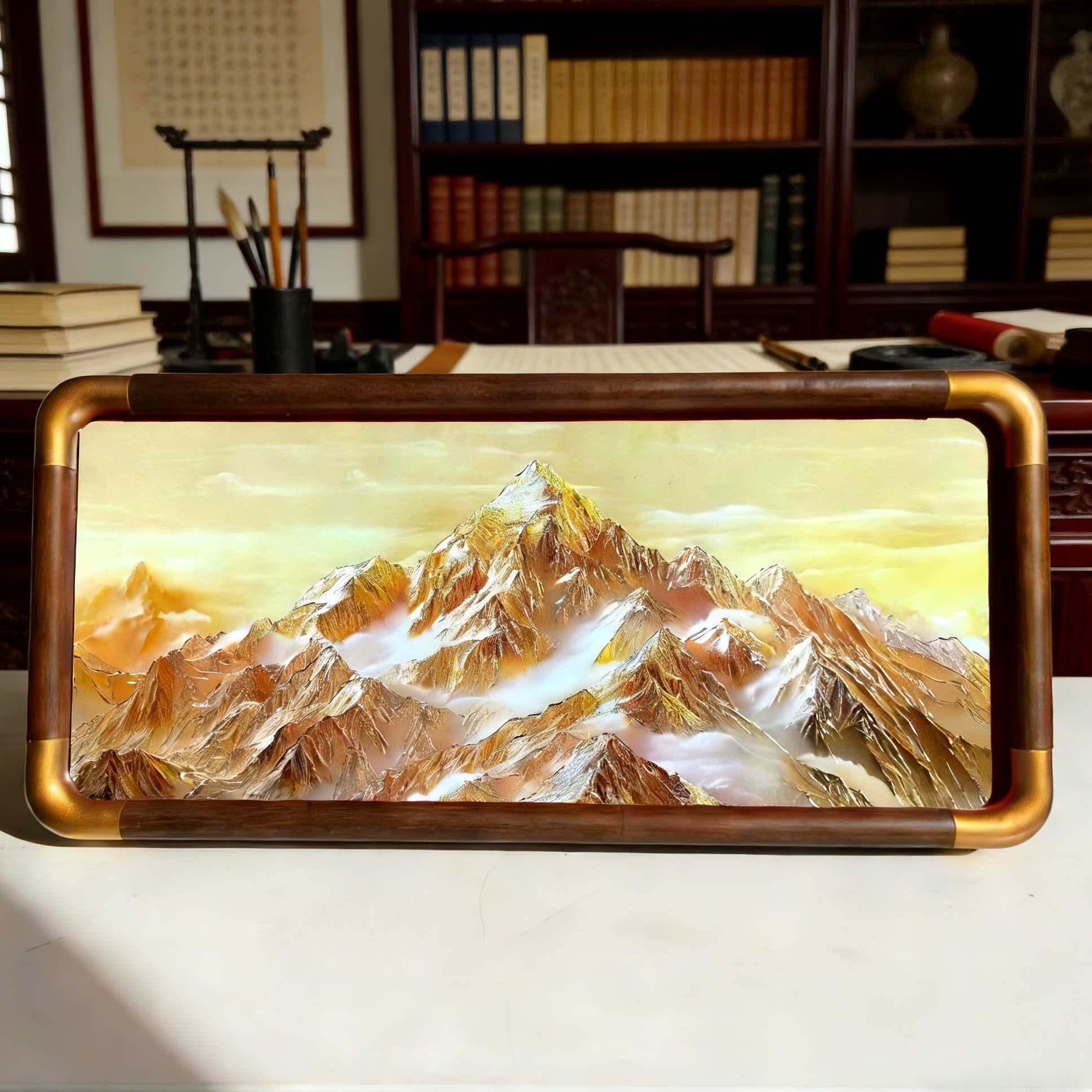 铜雕画《日照金山》书房餐厅中式风格画架子办公桌摆台装饰画摆件