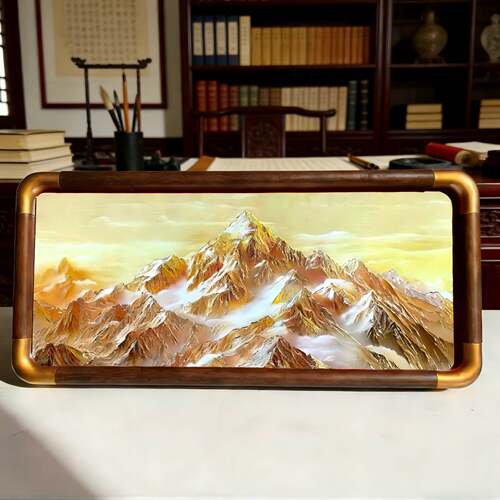 铜雕画《日照金山》书房餐厅中式风格画架子办公桌摆台装饰画摆件