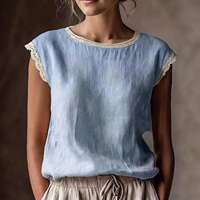 Women'S Vintage Linen Short Sleeve Top Lace Patchwork Round thumbnail 8