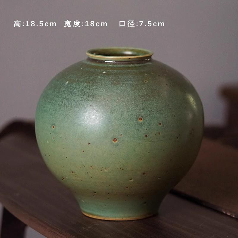 高档覆古Wai-Sabi风格月亮罐景德水粗镇手工陶绿色花瓶养花花b容