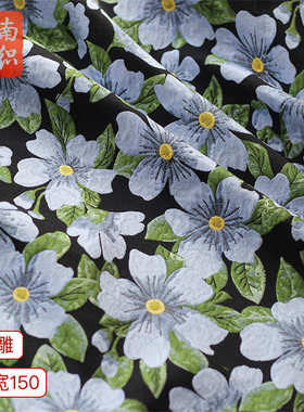 蓝色浮雕大花朵提花面料复古清爽油画风格连衣裙包包色织提花布料