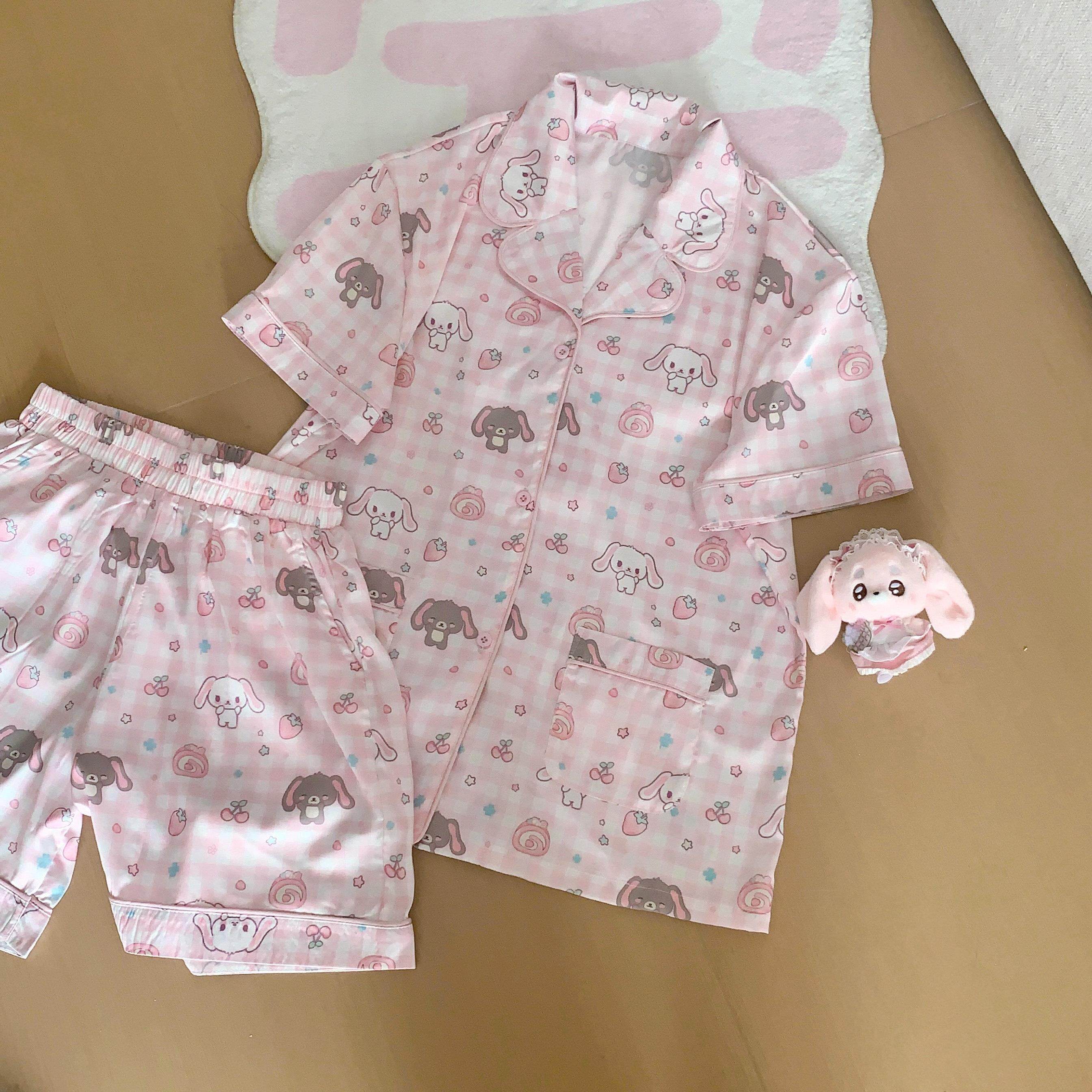邱邱自制日系可爱夏季新款冰丝清凉软妹小兔子短袖短裤睡衣裤套组