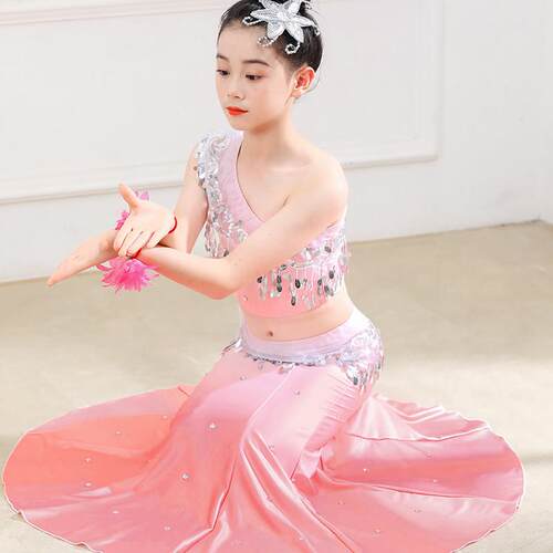 正品包傣出族舞蹈演服女童儿童艺考练功裙孔雀蹈舞表演服修身臀鱼