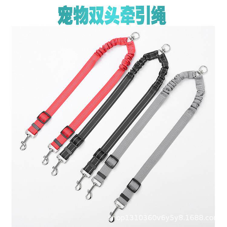 宠物牵引绳双头反光尼龙狗绳小型犬大型犬防爆冲一拖二弹力绳