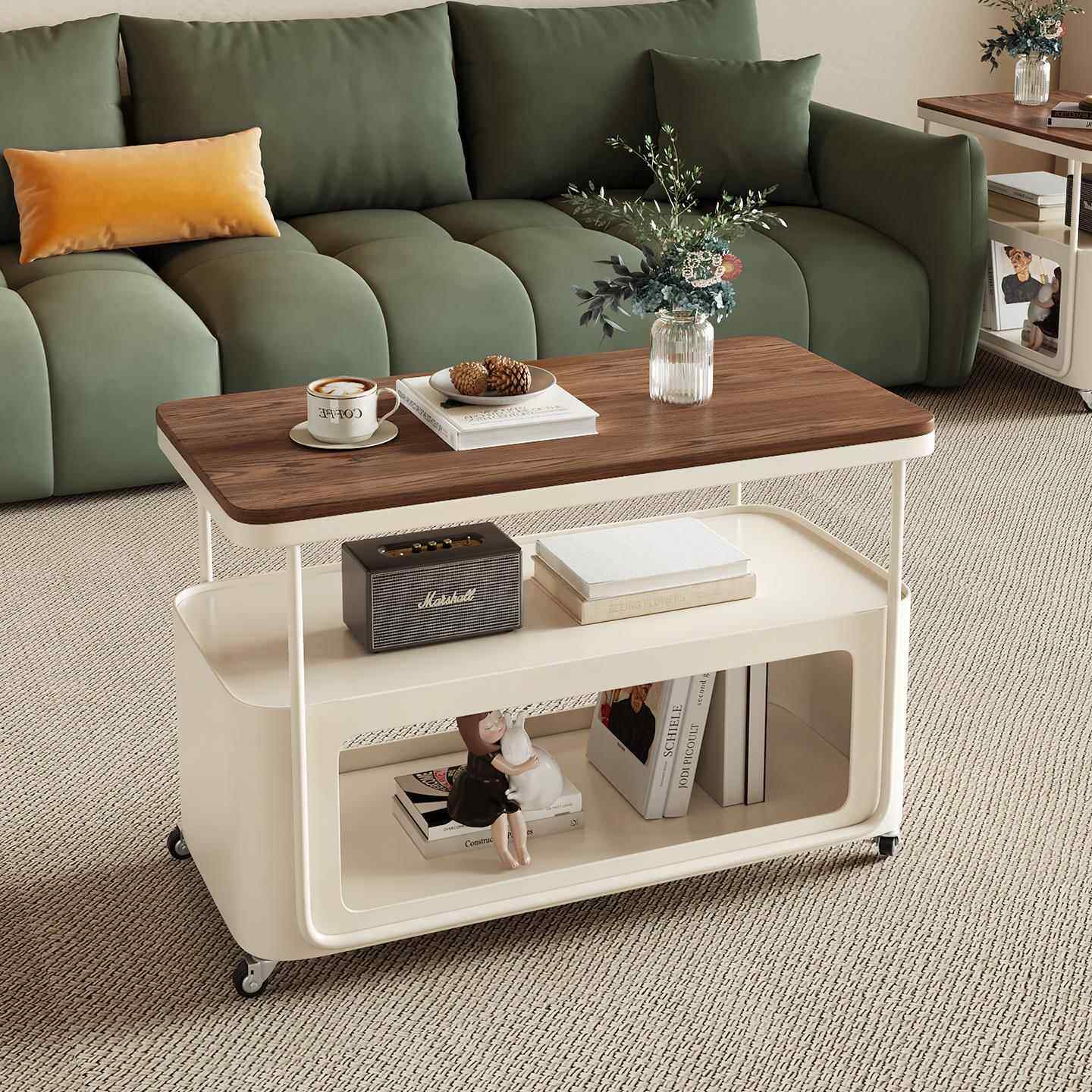 奶油风岩板客厅茶几小户型家用中古风多层木带轮可移动小推车边几,住宅家具,茶几,淘宝优惠券,粉丝福利购,淘宝优惠卷