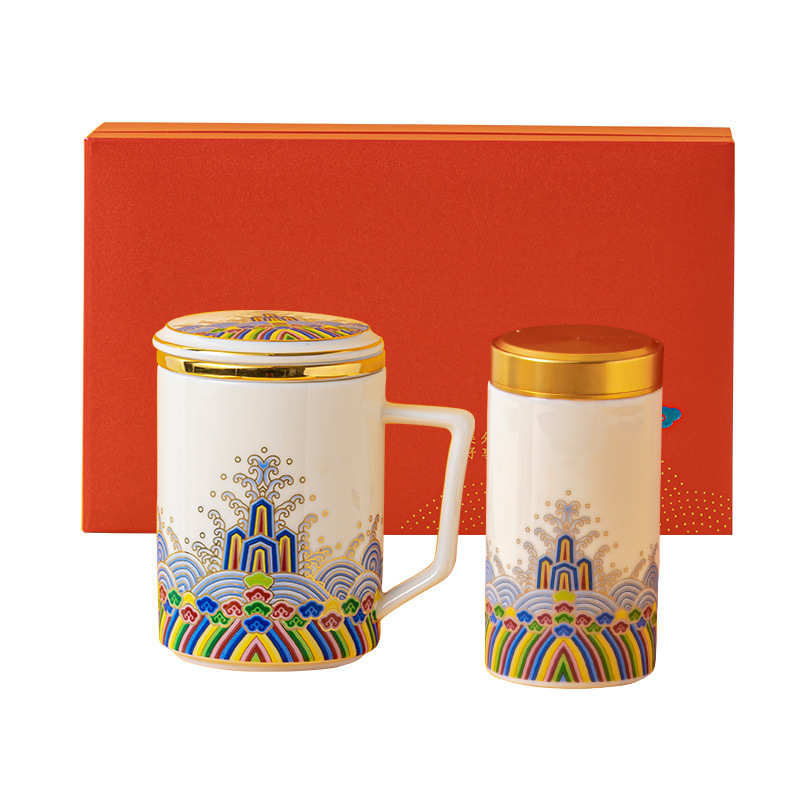 羊脂玉白瓷茶杯陶瓷带过滤办公室泡茶杯会议杯带把手礼品刻印logo