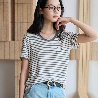 天丝醋酸亚麻短袖女2026款春夏圆领口袋打底衫简约条纹设计感T恤