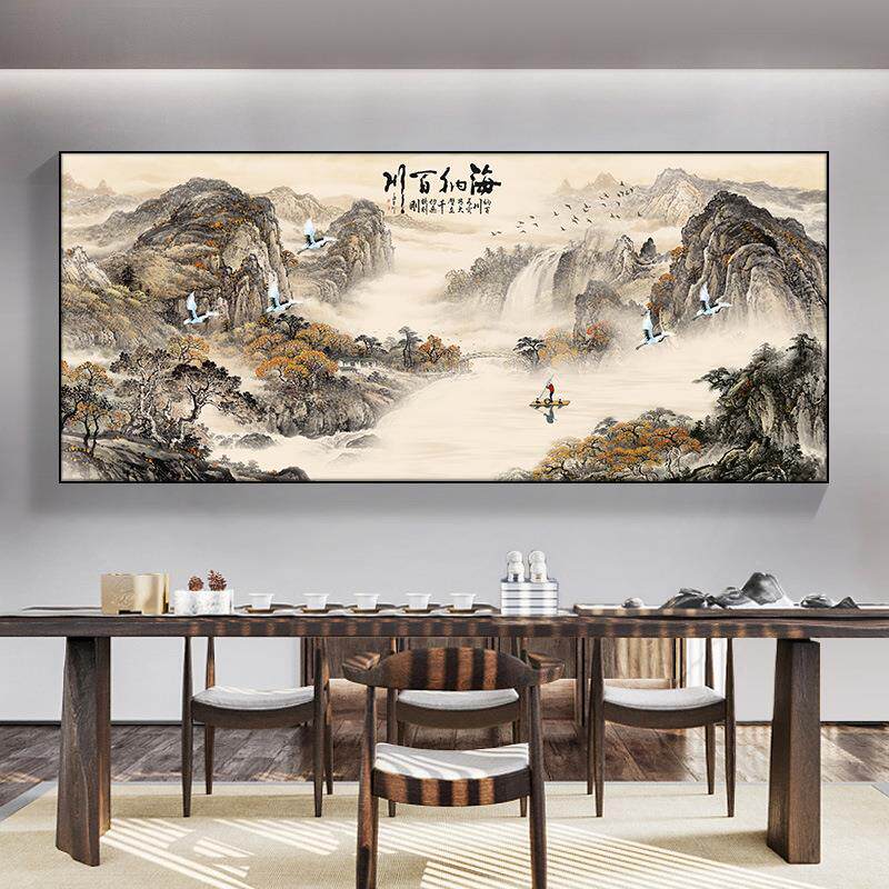 新中式巨幅山水画办公室挂画客厅装饰画风景画公司沙发背景墙壁画