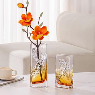 高端琥珀色琉璃花瓶水培插花器家居客厅玄关餐桌样板间装 饰品摆件