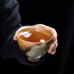 柴烧高温纯手工茶具精品主人杯品茗杯柴窑自然落灰金釉火痕窑变杯