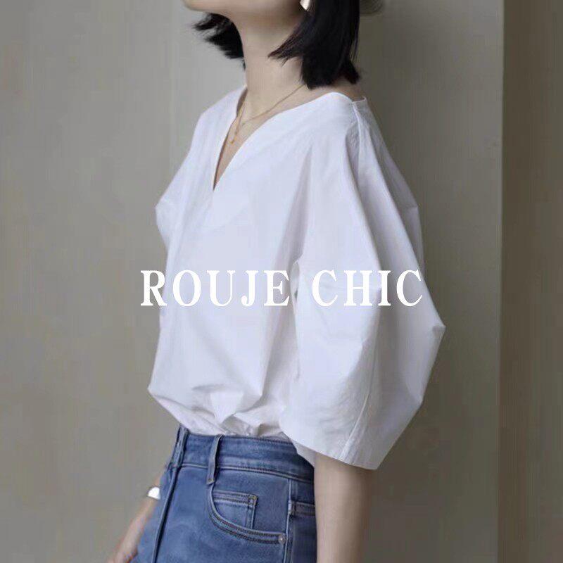 法国Rouje Chic法式夏季V领灯笼袖短袖白色衬衫女小众设计感上衣